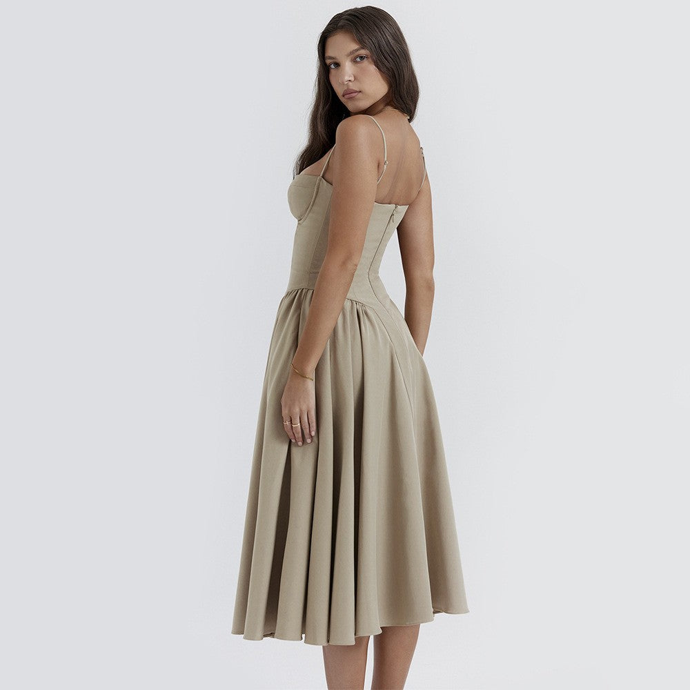 Summer Women Elegant Sleeveless Backless Pleated Dresses Lady Sexy Solid Sling M