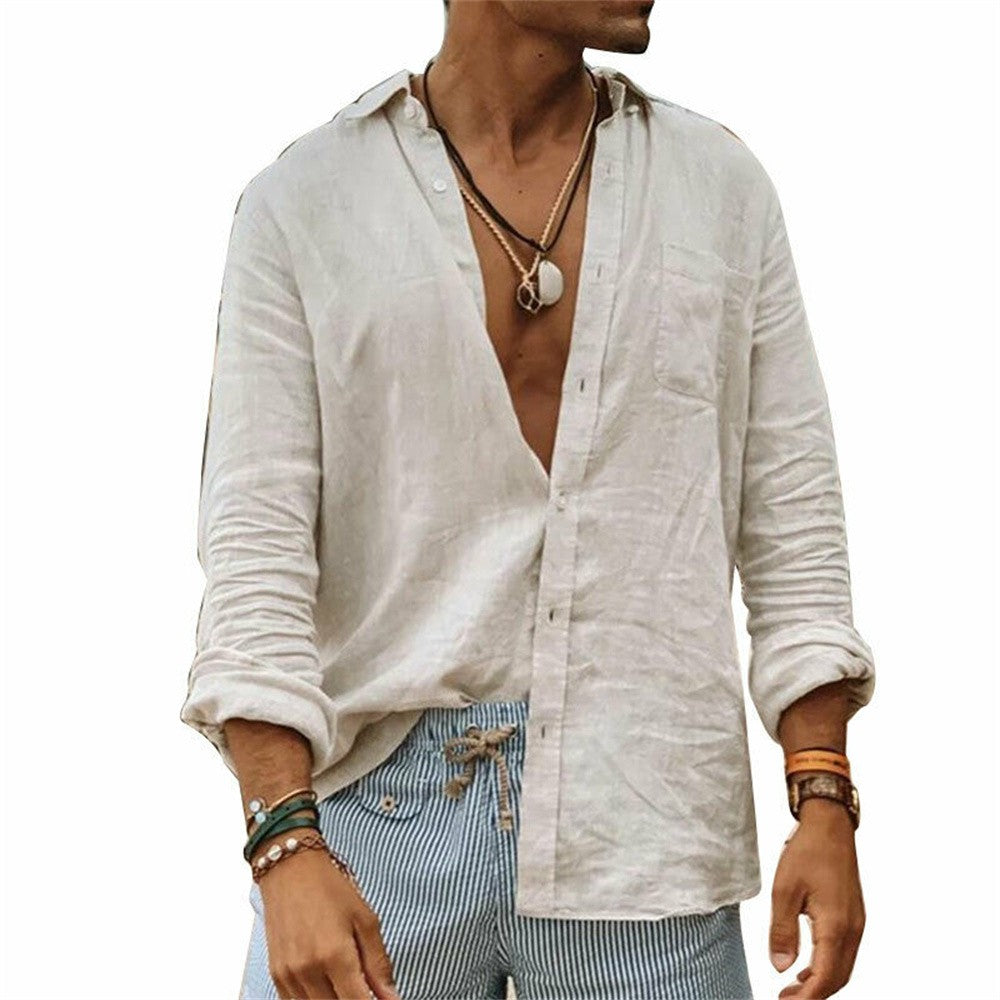 2024 Men Casual Cotton Linen ShirtsStanding Collar Male Solid Color Long Sleeves Loose Tops Spring Autumn Handsome Men's Shirts