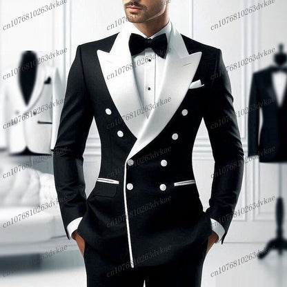 Men's 2-Piece Casual Smalking Set with White Lapel Blazer And Black Pants Wedding Groomsmen Suit for Ceremony And Festa