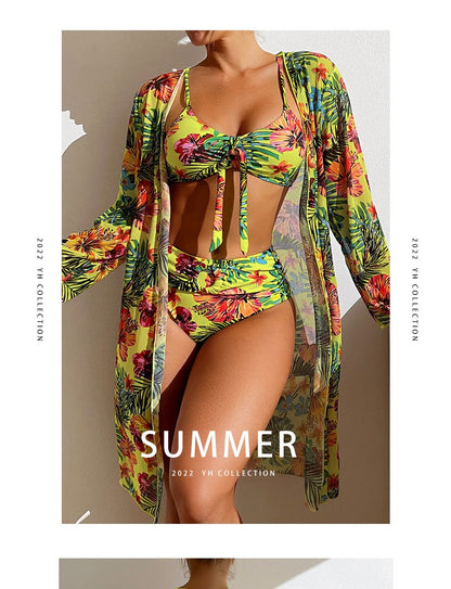 Bohemian Print Sexy Women's Beach Bikinis Three Pieces Bikini Set Cover Up Swimwear High Waisted Bikini Set Women Swimsuit 2025