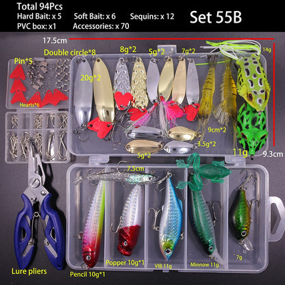 FFLYBG Novo Conjunto Misto de Iscas Artificiais Kit de Iscas Macias e Duras Minnow Jig de Metal Colher Acessórios de Pesca com Caixa Para Baixo Pique Crank