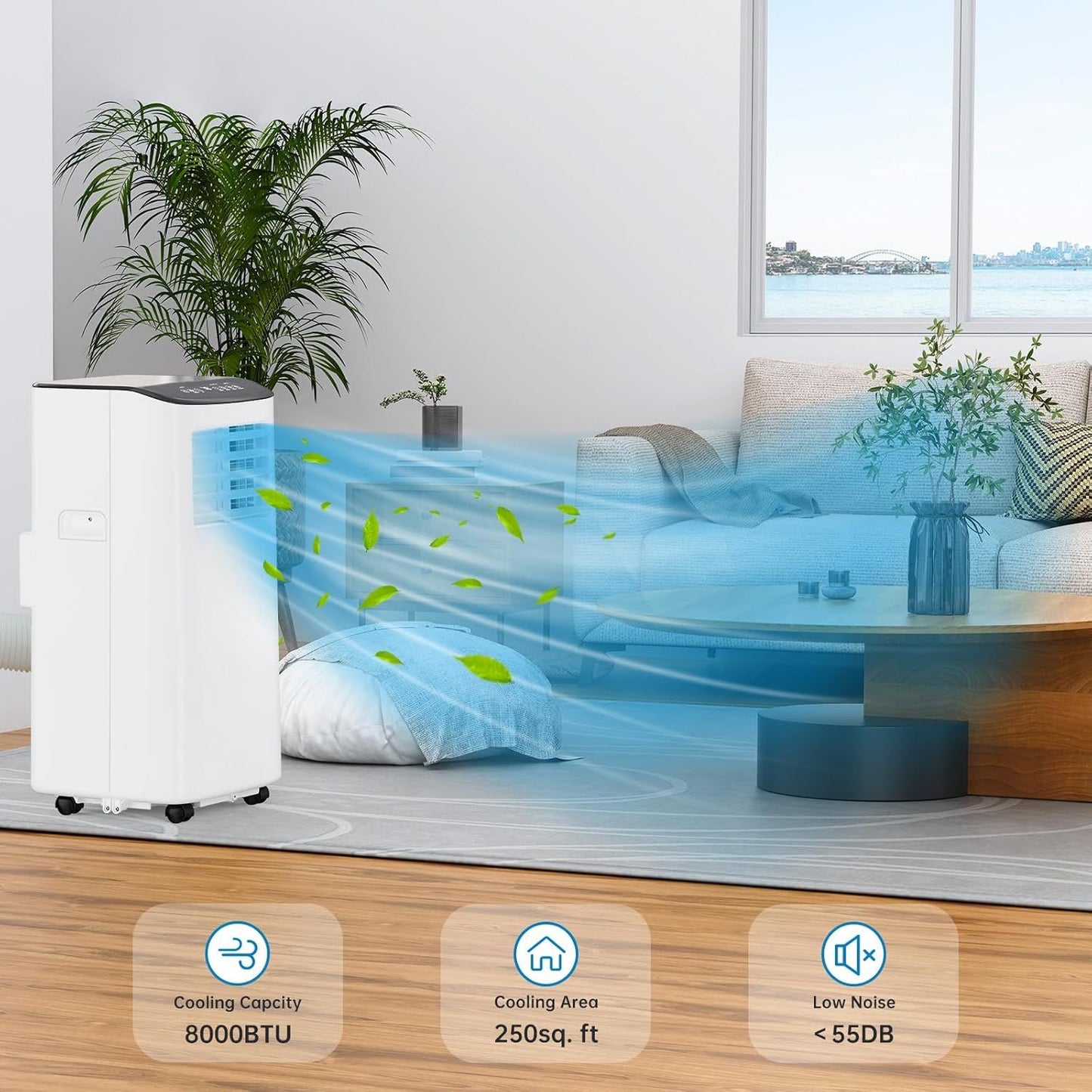 Ar Condicionado Portátil, 8000 BTU para Ambientes de até 42m², Controle Remoto e Autoevaporação, AC Compacto para Apartamento, Plugue Americano