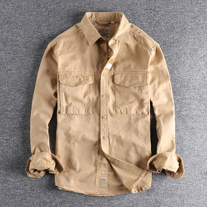Spring New Japanese Retro Long-Sleeve Lapel Woven Cargo Shirt Men's Simple 100% Cotton Washed Double Pocket Casual Youth Blouses