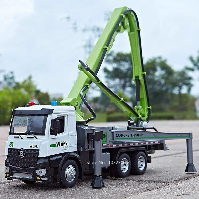 Caminhão de Bomba de Cimento com Reboque de Plataforma Elétrica 1:24, Brinquedos de Modelo, Carro de Liga Fundida, Portas Abríveis, Luz e Som, Veículo Presente para Menino