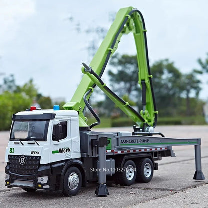 Caminhão de Bomba de Cimento com Reboque de Plataforma Elétrica 1:24, Brinquedos de Modelo, Carro de Liga Fundida, Portas Abríveis, Luz e Som, Veículo Presente para Menino