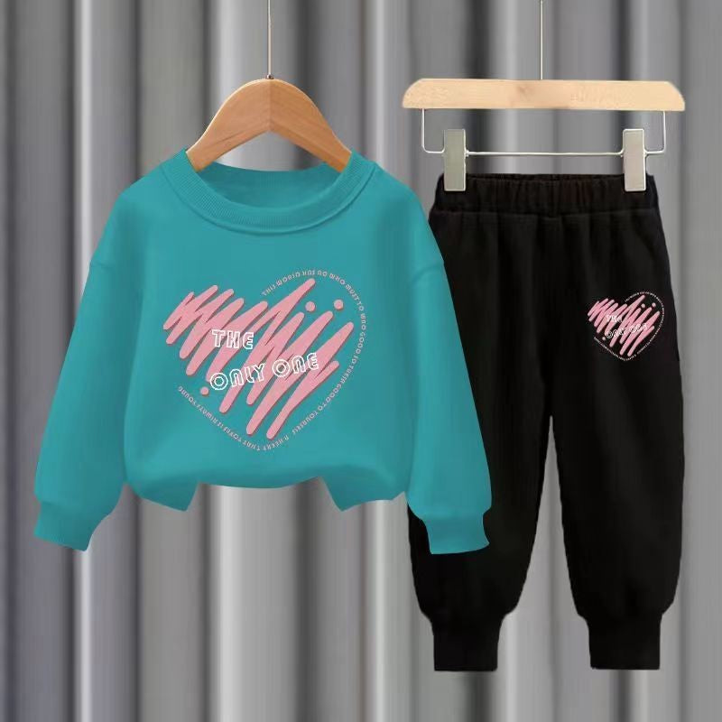 Conjuntos de 2 peças de blusa de manga comprida e calças de outono para crianças, meninos e meninas, agasalho esportivo estampado com corações para meninos e meninas