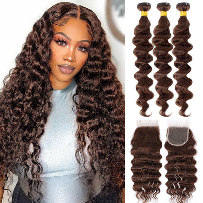 Cabelo Castanho com Fechamento, Cachos Soltos, Cabelo Humano Brasileiro Virgem 12A, Cachos Soltos e Profundos, Cabelo Cru