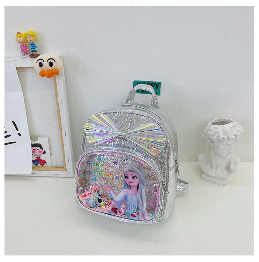 Mochila Mini de Glitter Princesa Elsa de Frozen da Disney, Linda com Laço de Lantejoulas, Bolsa Escolar de Jardim de Infância para Meninas, Desenho Animado Infantil, Mochila de Ombro Duplo
