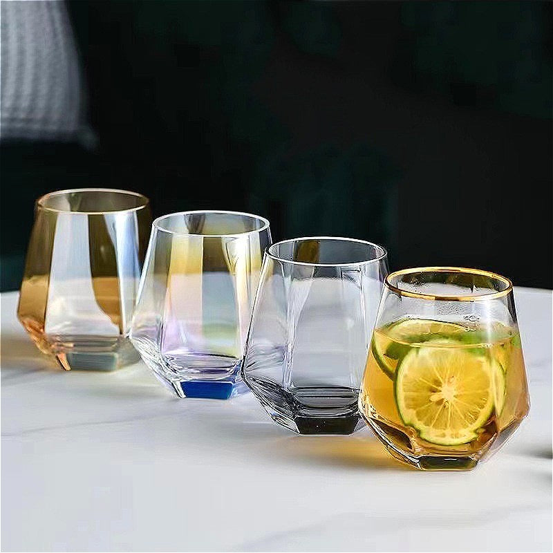 Taças de Vinho Multicores 320ml Taça de Vidro em Formato de Diamante Hexagonal Taça de Uísque para Festa Taça de Vinho Personalizada Taça de Hóquei no Gelo