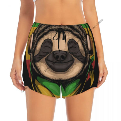 Women's Athletic Shorts Sloth Rasta A Wearing Headphones Running Yoga Fitness Quick-Dry Badminton Training With Pocket