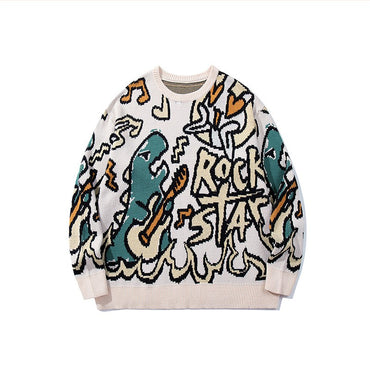 CALESECT Green Dinosaur Knit Sweater Womens Dino Jumper Y2K Streetwear Oversized Pullover Plus Size Mens Women Adults Men Trendy