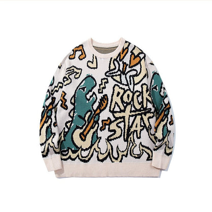 CALESECT Green Dinosaur Knit Sweater Womens Dino Jumper Y2K Streetwear Oversized Pullover Plus Size Mens Women Adults Men Trendy