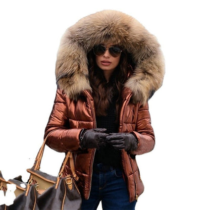 Women’s Short Coat with Fur Collar Winter Warm Quilted Jacket Outerwear