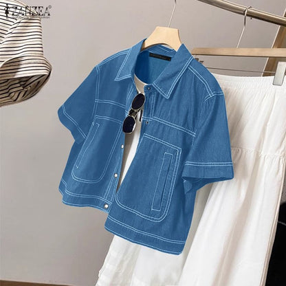 ZANZEA Women's Denim-Like Contrast-Stitch Shirts 2025 Fashion Turn-Down Collar Short Sleeve Button Up Shirt Streetwear Woman Top