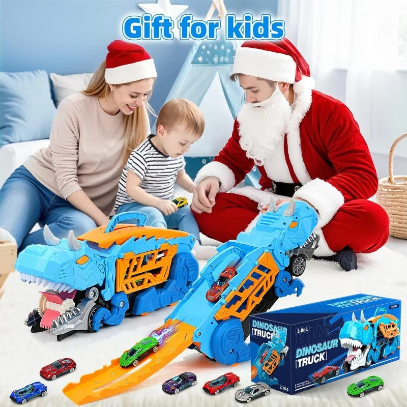 Brinquedo Dinossauro para Crianças Meninos de 3 a 5 Anos, Conjunto de Pista de Carros Caminhão Transportador de Dinossauros com Carrinhos Diecast que se Transformam em Dinossauros