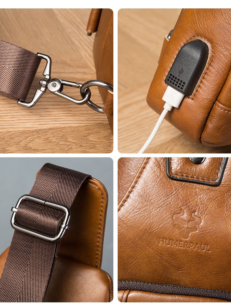 HUMERPAUL Men's Usb Chest Bag 100% Genuine Leather Crossbody Shoulder Bags Multifunction Travel Outdoor Messenger Pack Fashion