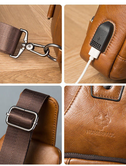 HUMERPAUL Men's Usb Chest Bag 100% Genuine Leather Crossbody Shoulder Bags Multifunction Travel Outdoor Messenger Pack Fashion