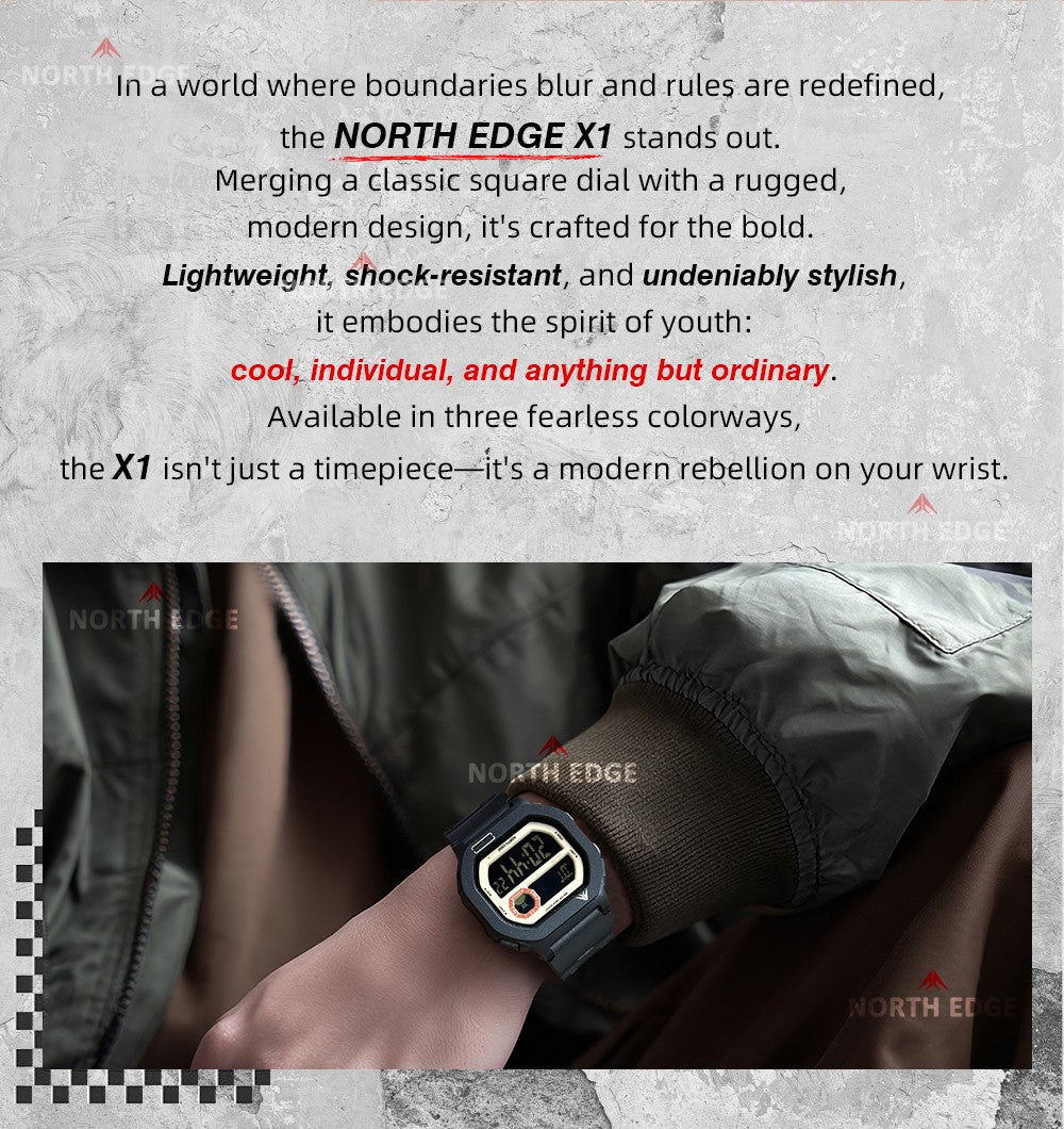 NORTH EDGE X1 Square Screen Digital Watch 2025 Men Women Sportswatch Waterproof 50M Stopwatch Countdown Alarm Clock Reloj Hombre