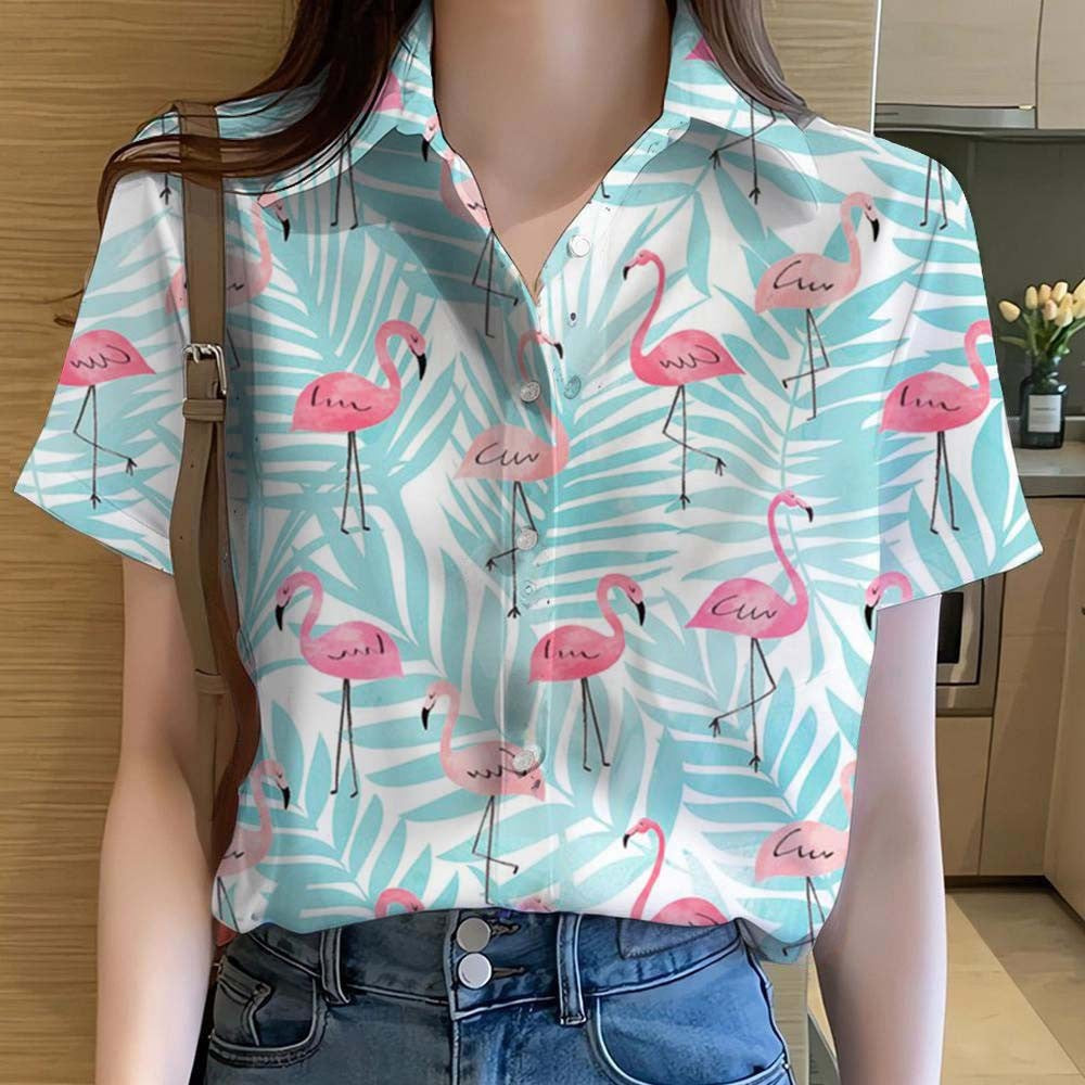 Womens Shirts  Cartoon Animal flamingo 3D Printed Casual Hawaiian Short Sleeve Button Beach Shirt Summer y2k Women's Clothes