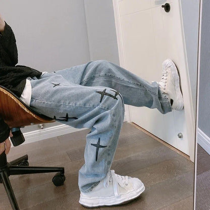 Nova Calça Jeans Masculina Larga Bordada Moda Solta Calça Jeans Streetwear Hip Hop Reta Perna Larga Calça Casual Roupa Masculina