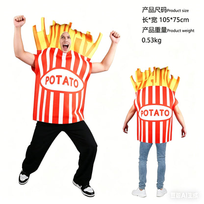 Adult Funny 3D Print Hot Dog Costume Halloween Food Sausage Pizza Burger French Fries Cosplay One-Piece Costume Party Jumpsuit
