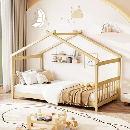 Cama de chão "Twin" com cabeceira e peseira, estrutura de cama de madeira com telhado para meninos e meninas, sem necessidade de box spring,
