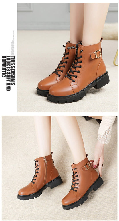 2024 Short Shoes for Women Female Ankle Boots Platform with Laces Combat Lace-up Footwear Chunky Booties Punk Style Leather