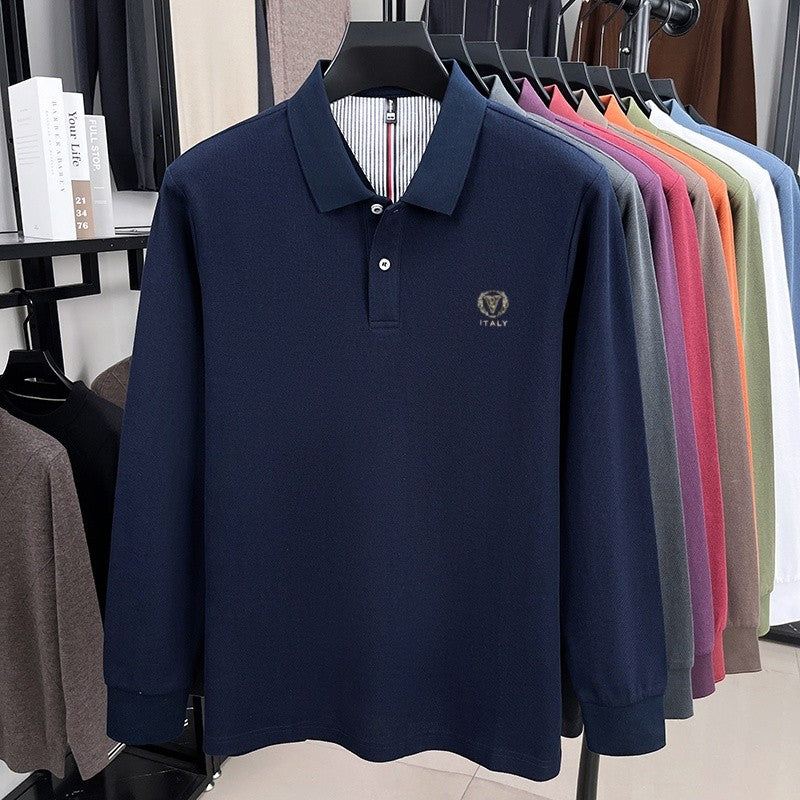 100% pure cotton spring and autumn fashionable men's lapel striped long sleeved polo shirt brand letter V relief design casual T
