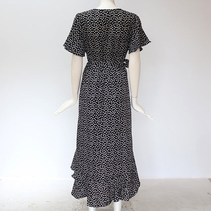 Summer Beach Maxi Dress Women Floral Print Boho Long Chiffon Dress Ruffles Wrap
