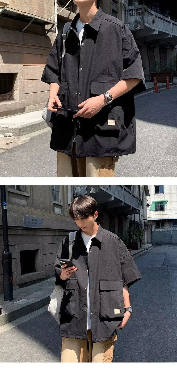 Men's Retro Large Pocket Cargo Shirt Jacket Coat Summer Loose Casual Short Sleeved Shirt For Men Y2k Japan Korea Streetwear