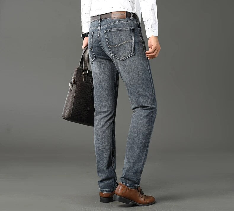 Wthinlee Calça Jeans Masculina Nova, Casual, Reta, Elástica, Moda Clássica, Azul, Preta, Trabalho, Calças Jeans Masculinas de Marca