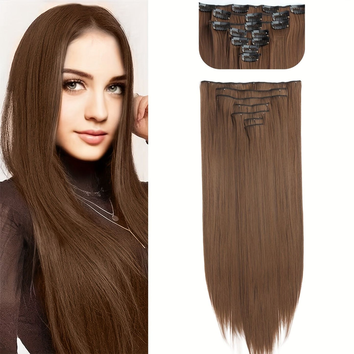 Cabelo Liso Comprido 16 Clipes 7 Pçs/Conjunto de Apliques de Cabelo Sintético Natural Loiro Preto Resistente ao Calor 2026