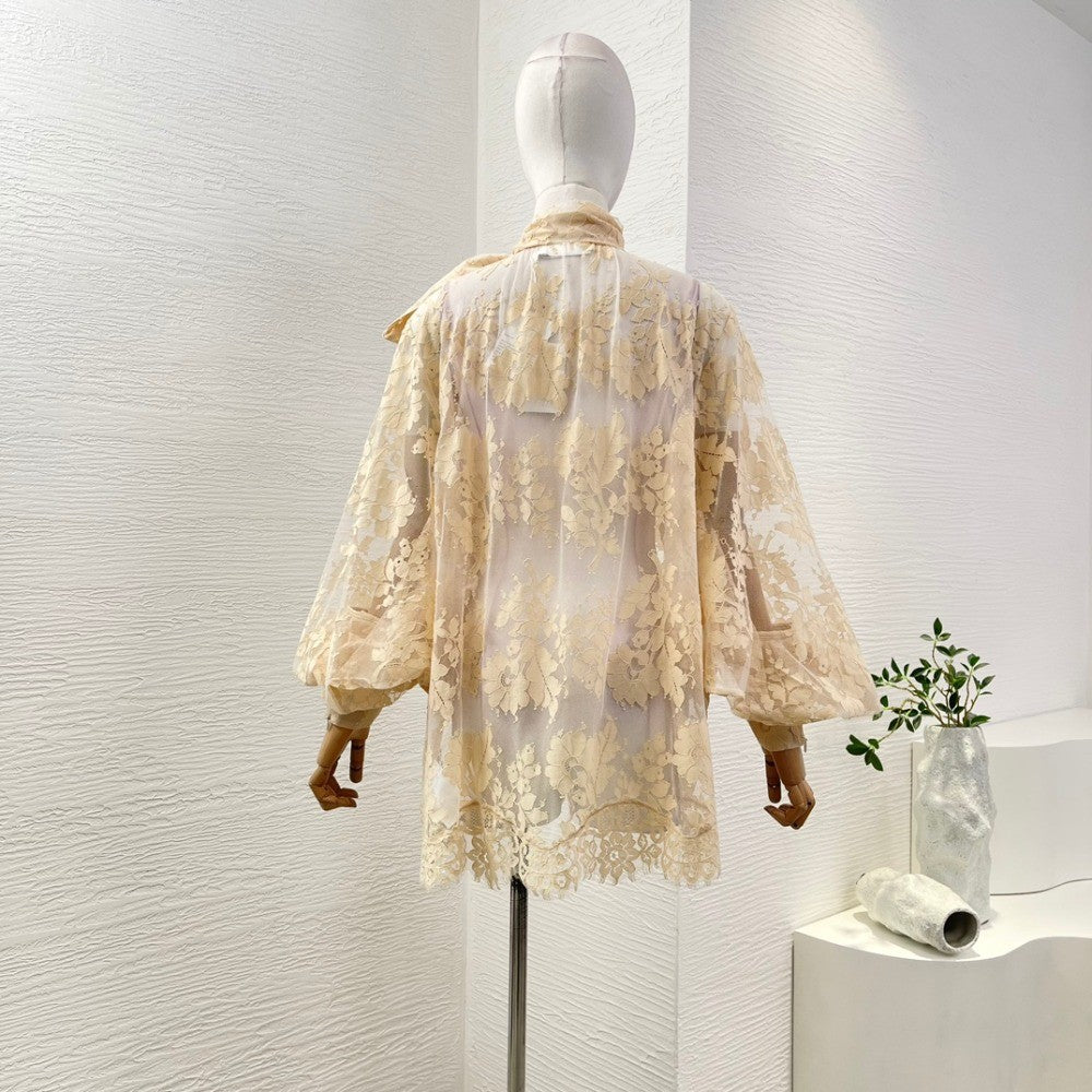Milk Tea Color Long Sleeve Lace See Through Blouse Tops 2025 New Design