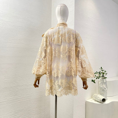 Milk Tea Color Long Sleeve Lace See Through Blouse Tops 2025 New Design