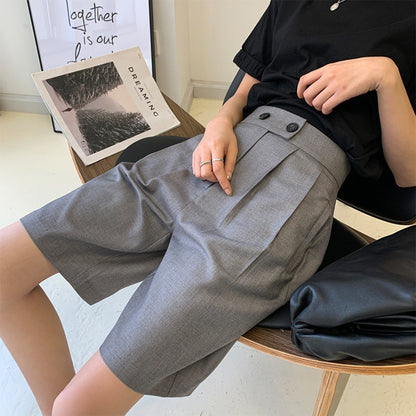 High Waist Wide Leg Suit Shorts for Women Spring Summer Button Straight Short Pants Office Lady Fashion Casual Womens Shorts