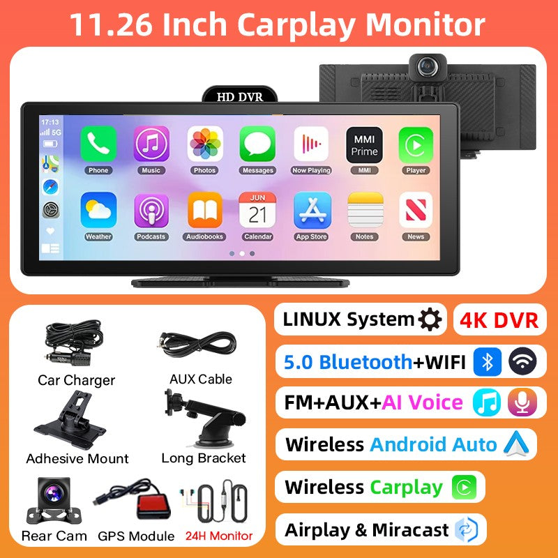 Gravador de Vídeo DVR 4K de 10/11,26 Polegadas com CarPlay e Android Auto Sem Fio, Câmera Veicular, Áudio Bluetooth, Navegação GPS e Duas Lentes para Painel