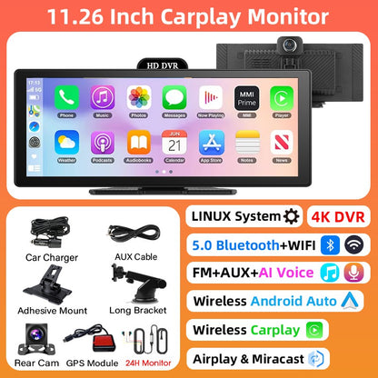 Gravador de Vídeo DVR 4K de 10/11,26 Polegadas com CarPlay e Android Auto Sem Fio, Câmera Veicular, Áudio Bluetooth, Navegação GPS e Duas Lentes para Painel