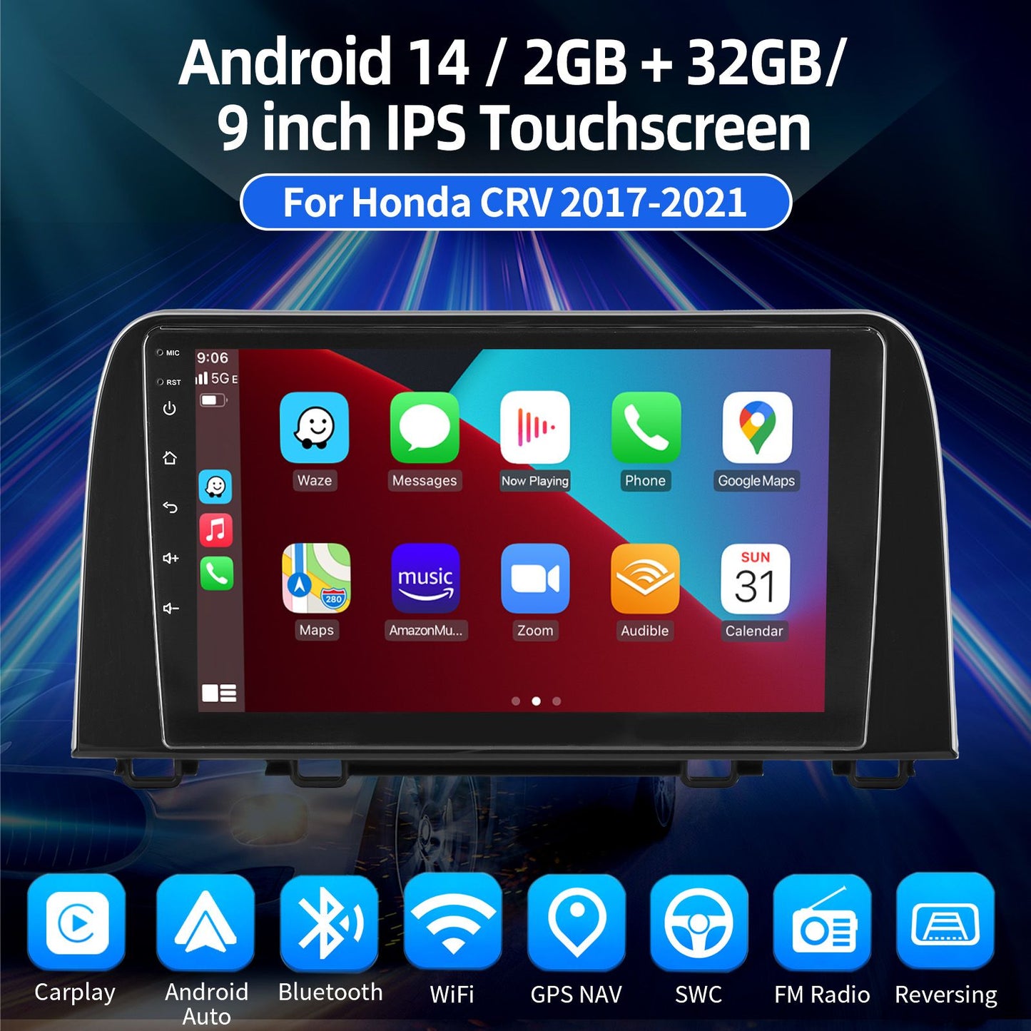 Para Honda CRV CR-V 2017-2021 CarPlay Android 14.0 Aparelho de Som Automotivo Rádio GPS Navegação Bluetooth WiFi 2+32GB Unidade Principal SWC ASP FM/RDS