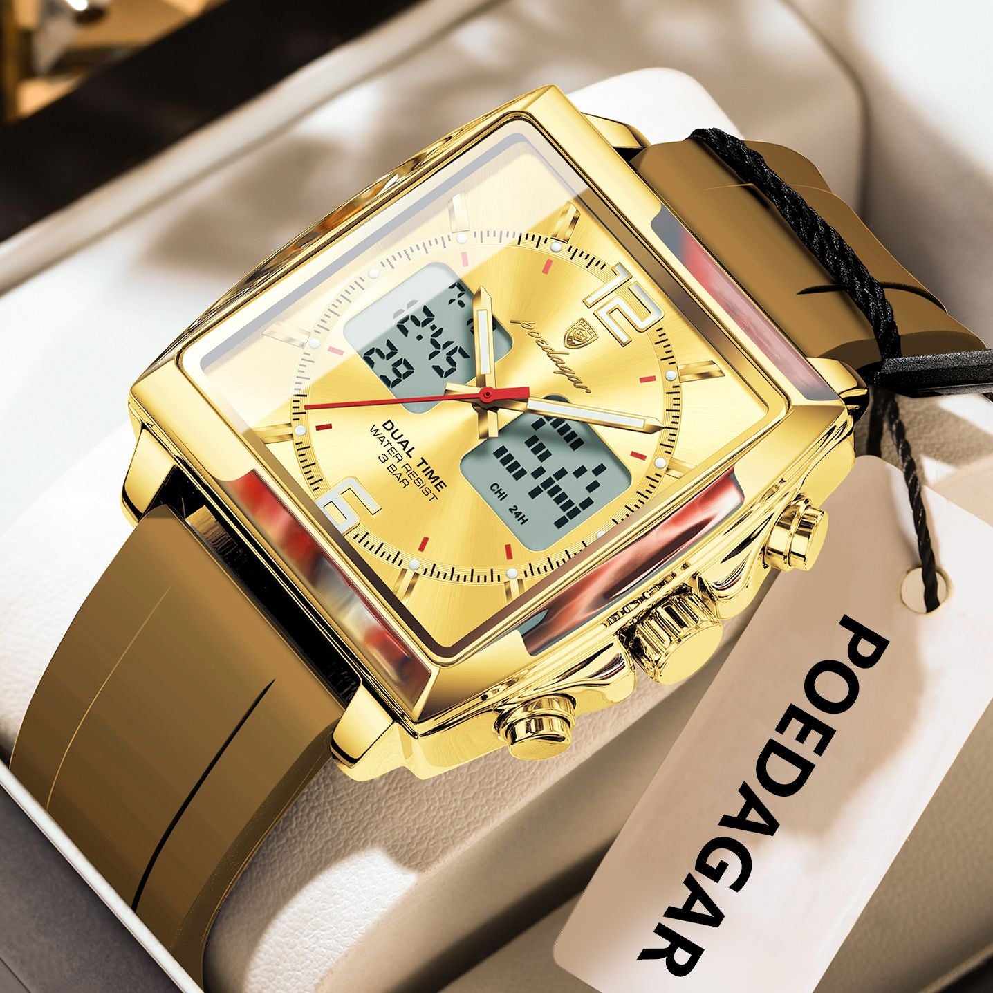 POEDAGAR Luxury Top Man Watch Electronic Square LED Alarm Chronograph Men's Watches Week Date Dual Time Display Men Quartz Clock
