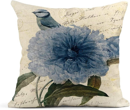 Summer Watercolor Blue Hydrangea Flowers and Birds Linen Pillow Cover Home Decoration Pillowcase Square Sofa Bed Cushion Cover
