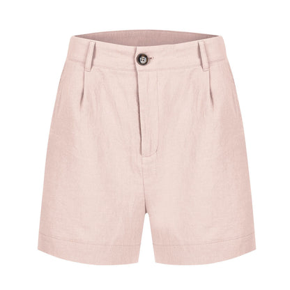 Cotton Linen Solid Shorts For Women Button High Waist Summer Loose Casual Pockets Shorts Female Pants Women Clothing