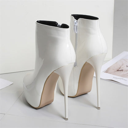 Big Size 35-47 Patent Leather Women Boots Round Toe Side Zipper Super High Heels 16CM Pumps 2025 Sexy Platform Party Shoes Woman