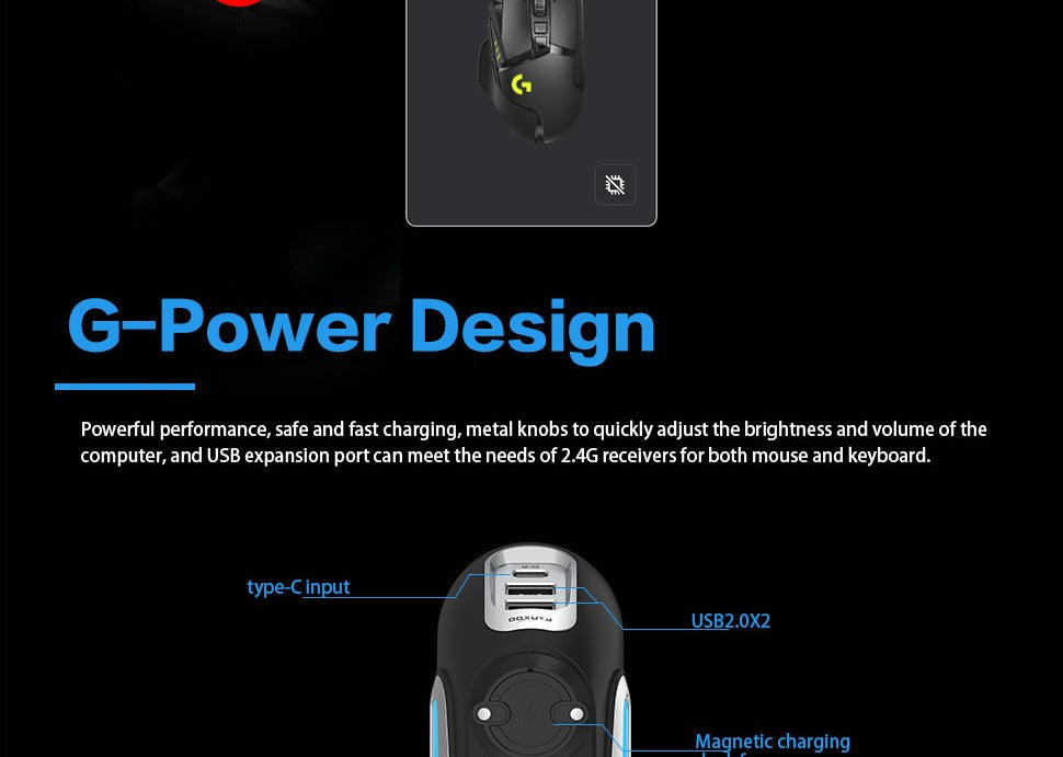 Base de carregamento sem fio Fanxoo G-Power para mouse Logitech G502 G502X Plus GPW G903 com luz RGB e botão de controle de volume do computador