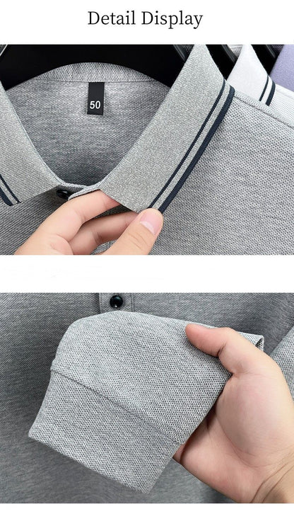 100% pure cotton high-quality long sleeve polo shirt men's autumn new style comfort casual luxury double striped lapel T-shirt