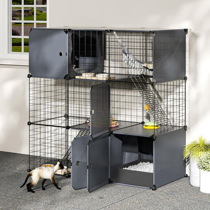Recinto Multifuncional para Gatos de 3 Níveis: Cercadinho Interno/Externo com Caixa de Areia e Gaiola de Metal Destacável