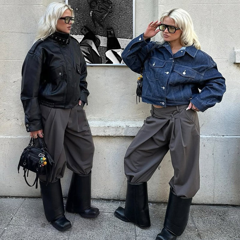 Fashion PU Leather Stand Up Coat for Women Casual Long Sleeve Zipper Lady Jackets 2025 Autumn New Female Outerwear High Street