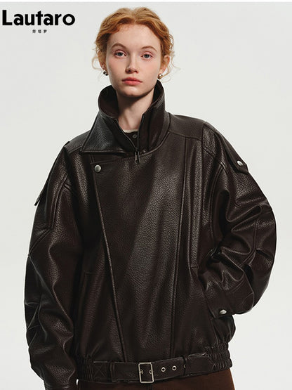 Lautaro Spring Autumn Cool Brown Oversized Pu Leather Jacket Women Long Sleeve Zip Up Luxury Designer American Retro Clothing