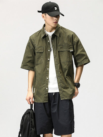 Summer Japanese Cargo Short Sleeve Shirt Men's Pockets Button Turn-down Collar Shirts Fashion Casual Cardigan blouses Tops