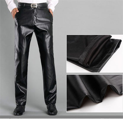 Men's High Waist Stretch Leather Pants, Windproof Straight Biker PU Pants, Warm Winter Trousers, New Fashion, 29-42