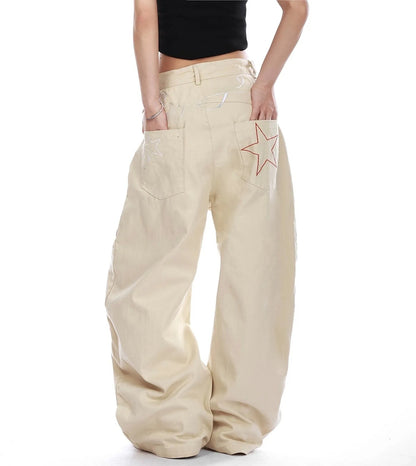 Retro American Star Letter Embroidery Wide Leg Jeans Men's Loose Long Trousers Workwear Pants Summer Denim Low Waist Straight